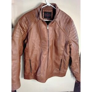 Ferretti Slim Mens Faux Leather Vtg Jacket‎ Brown Quilted XL Faux Fur Lined